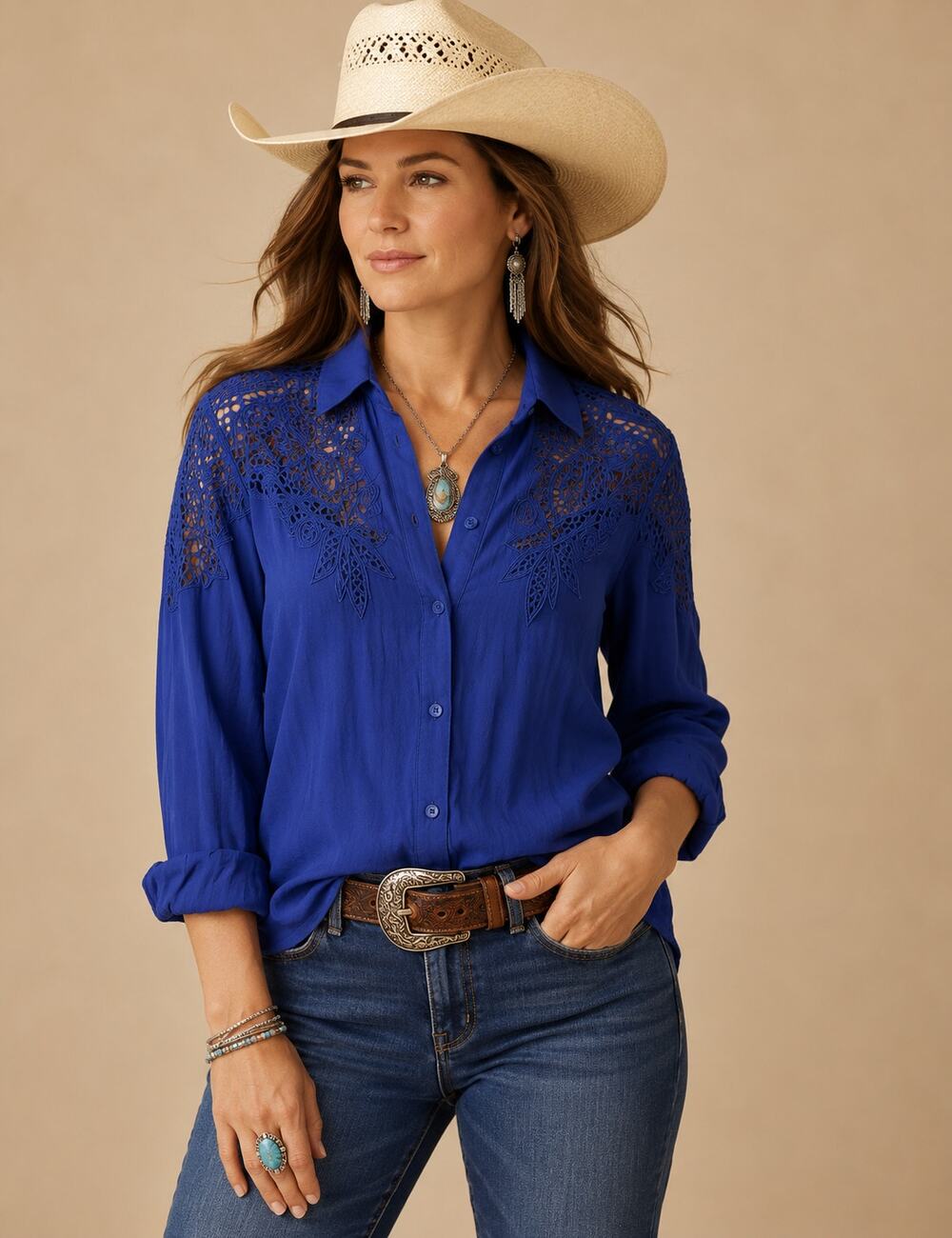 Blue Lace Yoke Western Shirt NWT Womens 16WP Plus Embroidered Top XL